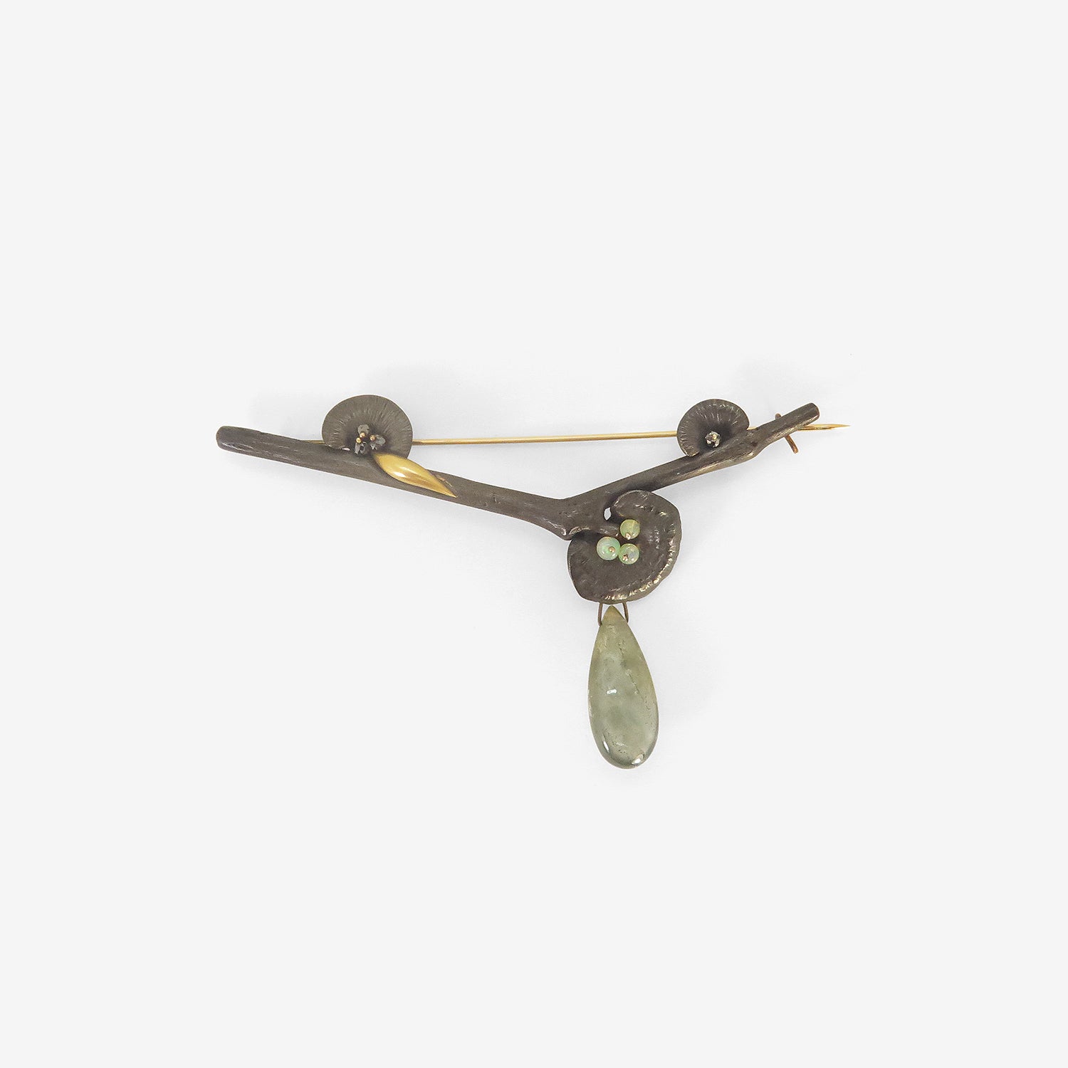 GABRIELLA KISS BRONZE & 18K MUSHROOM BRANCH PIN WITH OPAL, DIAMOND AND MOSS AGATE