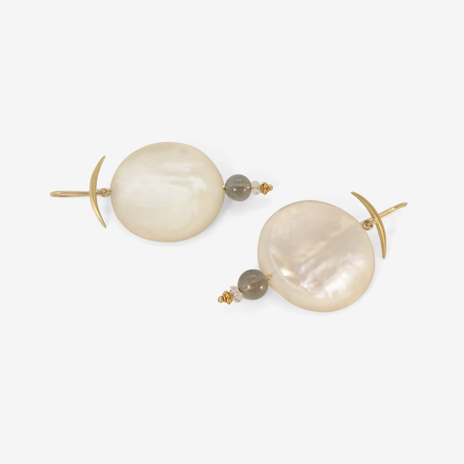 GABRIELLA KISS 18K & MOTHER-OF-PEARL FULL MOON EARRINGS WITH LABRADORITE & HERKIMER DIAMONDS