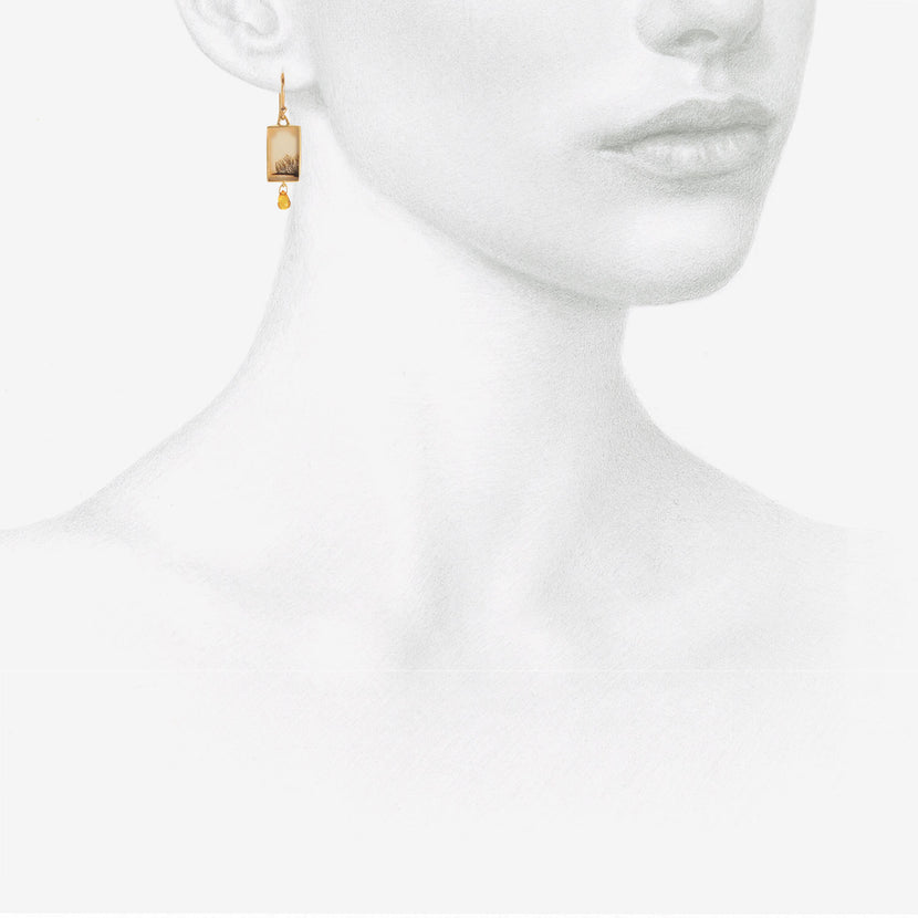 GABRIELLA KISS 18K & RECTANGULAR DENDRITIC AGATE EARRINGS WITH ORANGE SAPPHIRE BRIOLETTES