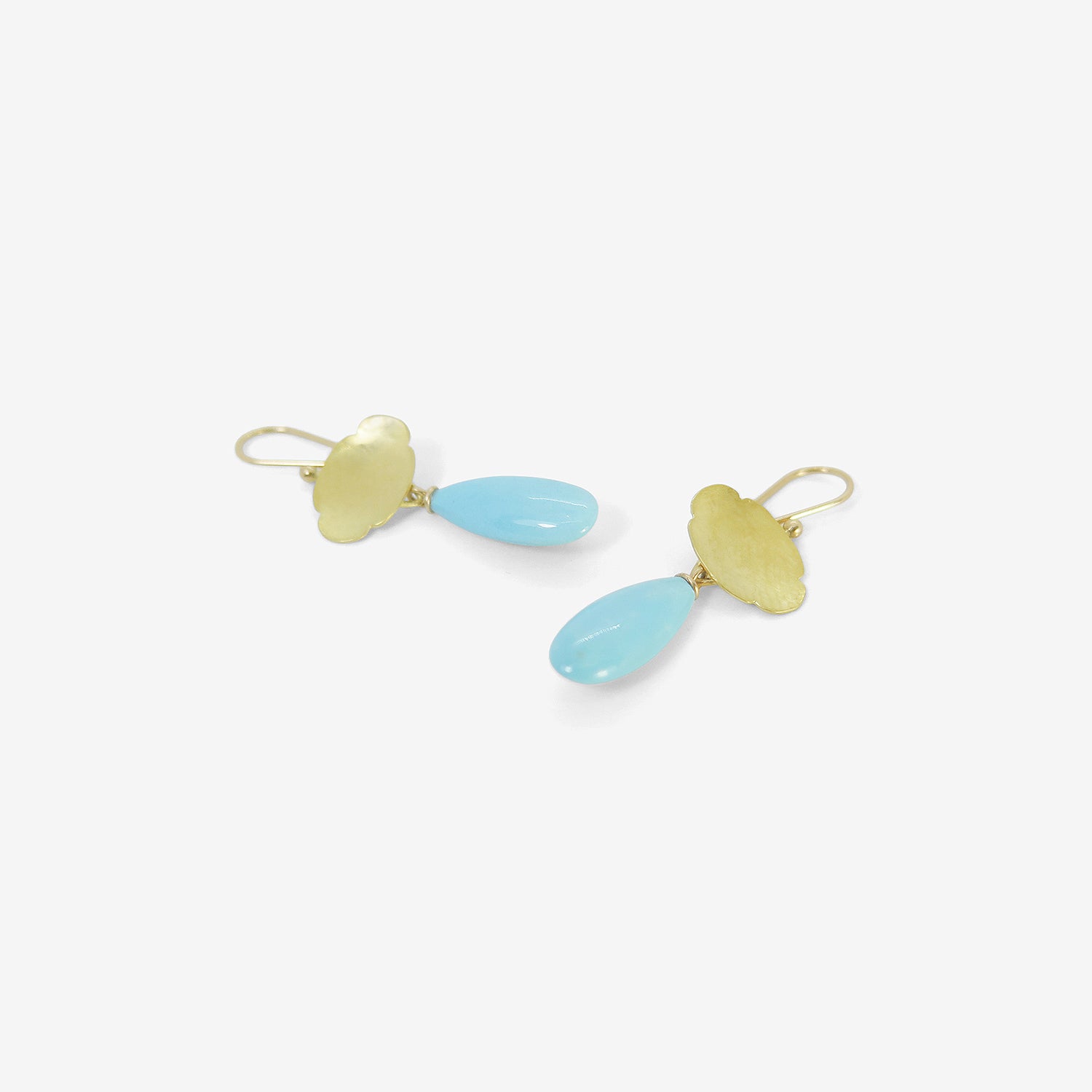 GABRIELLA KISS 18K SMALL SCALLOP EARRINGS WITH SLEEPING BEAUTY TURQUOISE DROPS