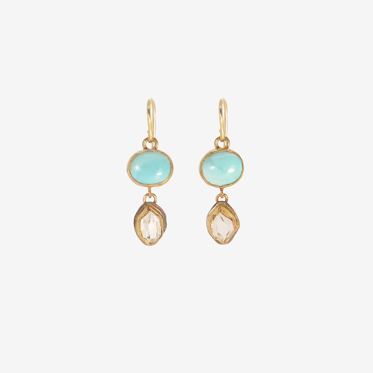 JUDY GEIB 18K & SILVER HERKIMER DIAMOND & PERSIAN TURQUOISE DOUBLE DROP EARRINGS
