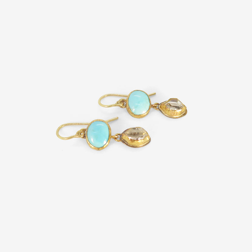 JUDY GEIB 18K & SILVER HERKIMER DIAMOND & PERSIAN TURQUOISE DOUBLE DROP EARRINGS
