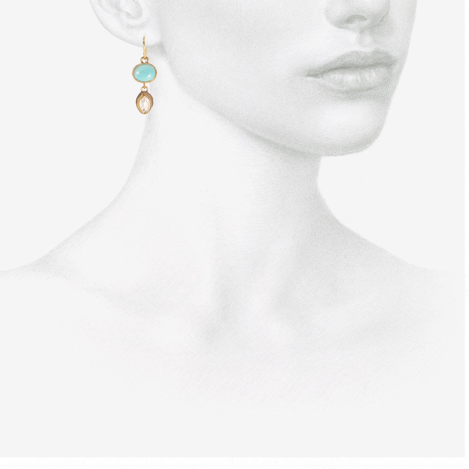 JUDY GEIB 18K & SILVER HERKIMER DIAMOND & PERSIAN TURQUOISE DOUBLE DROP EARRINGS