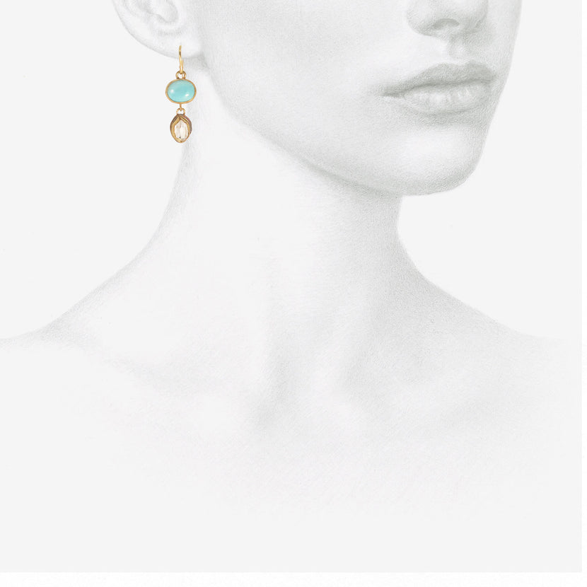 JUDY GEIB 18K & SILVER HERKIMER DIAMOND & PERSIAN TURQUOISE DOUBLE DROP EARRINGS