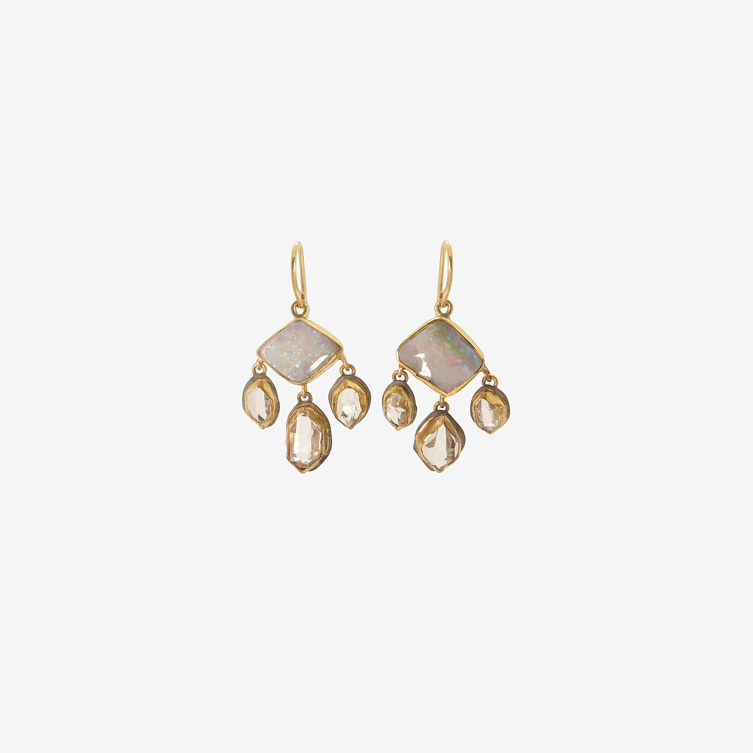 JUDY GEIB 18K & DIAMOND-SHAPED BLUE PINK OPAL CHANDELIER EARRINGS WITH HERKIMER DIAMOND DROPS
