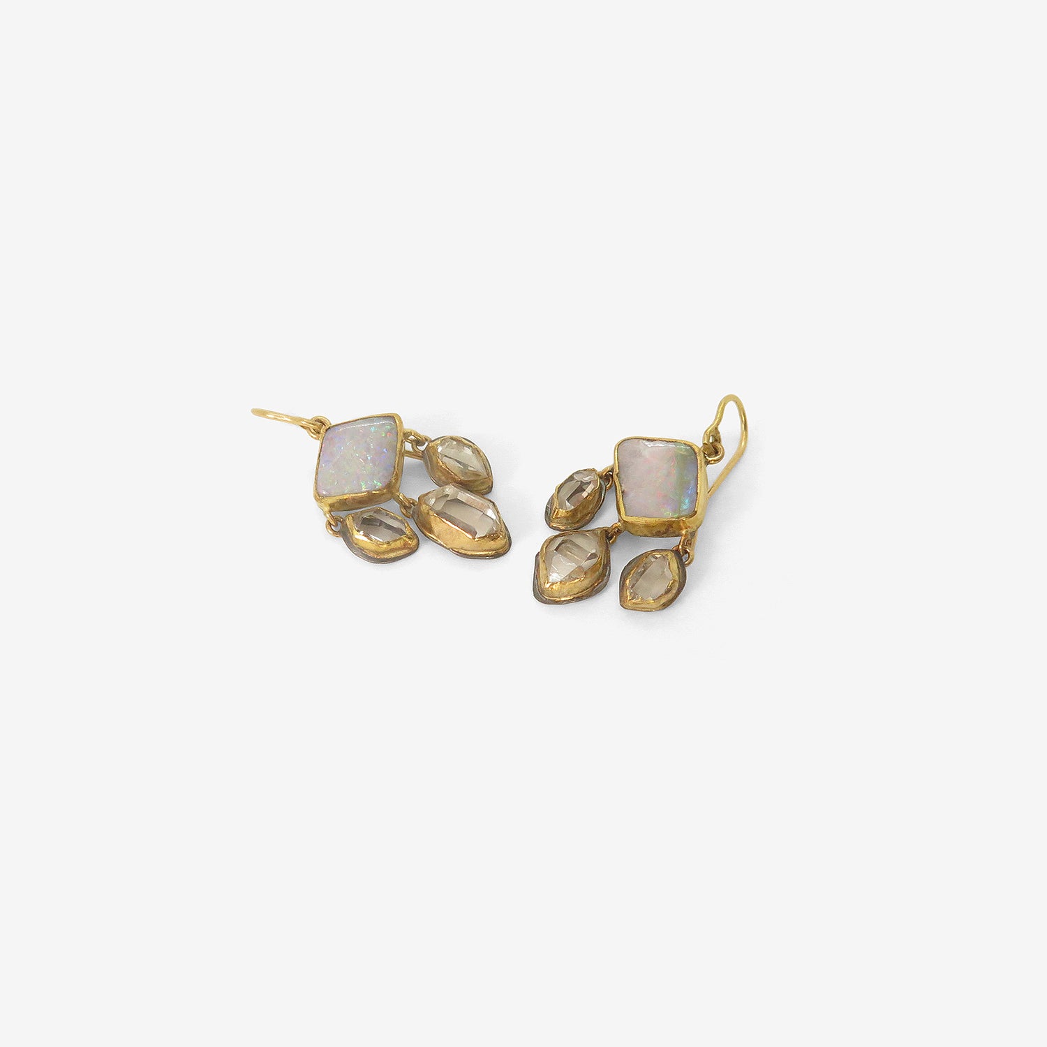 JUDY GEIB 18K & DIAMOND-SHAPED BLUE PINK OPAL CHANDELIER EARRINGS WITH HERKIMER DIAMOND DROPS