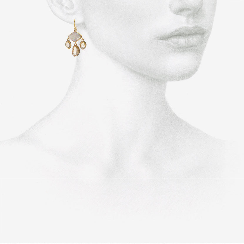 JUDY GEIB 18K & DIAMOND-SHAPED BLUE PINK OPAL CHANDELIER EARRINGS WITH HERKIMER DIAMOND DROPS