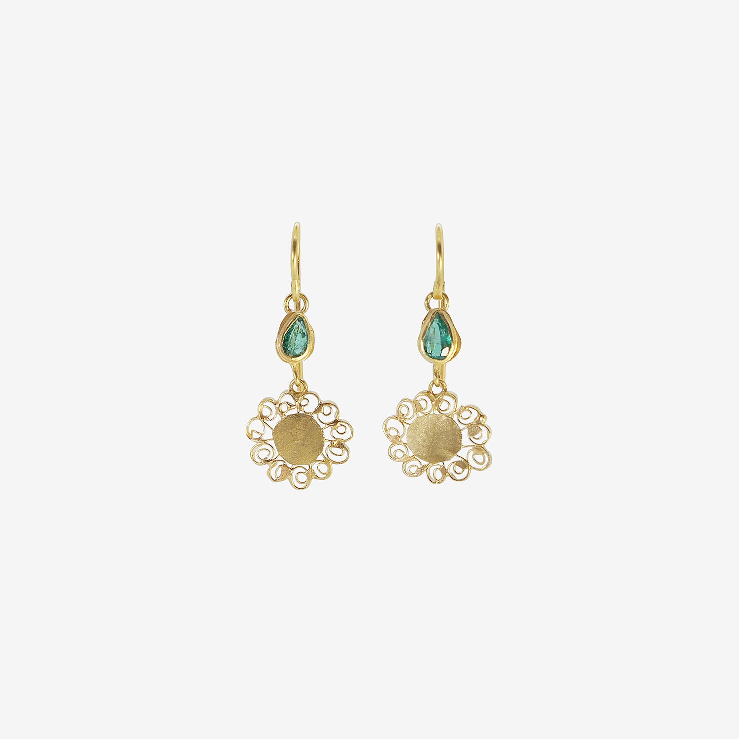 JUDY GEIB 18K & COLOMBIAN EMERALD SMALL SPIRALLY FLOWER EARRINGS