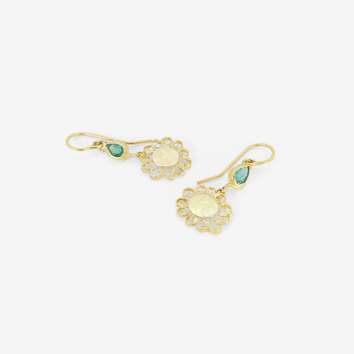 JUDY GEIB 18K & COLOMBIAN EMERALD SMALL SPIRALLY FLOWER EARRINGS