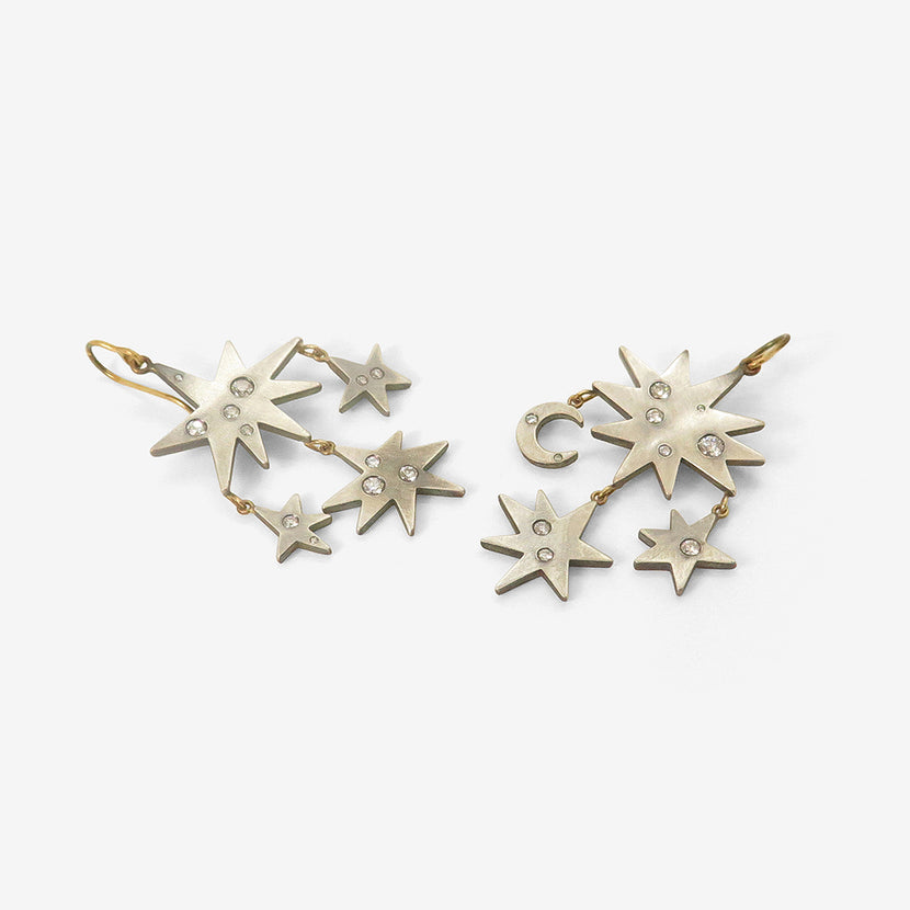 JUDY GEIB SILVER & HEAVILY SCATTERED DIAMOND SUN AND MOON EARRINGS , 4CT
