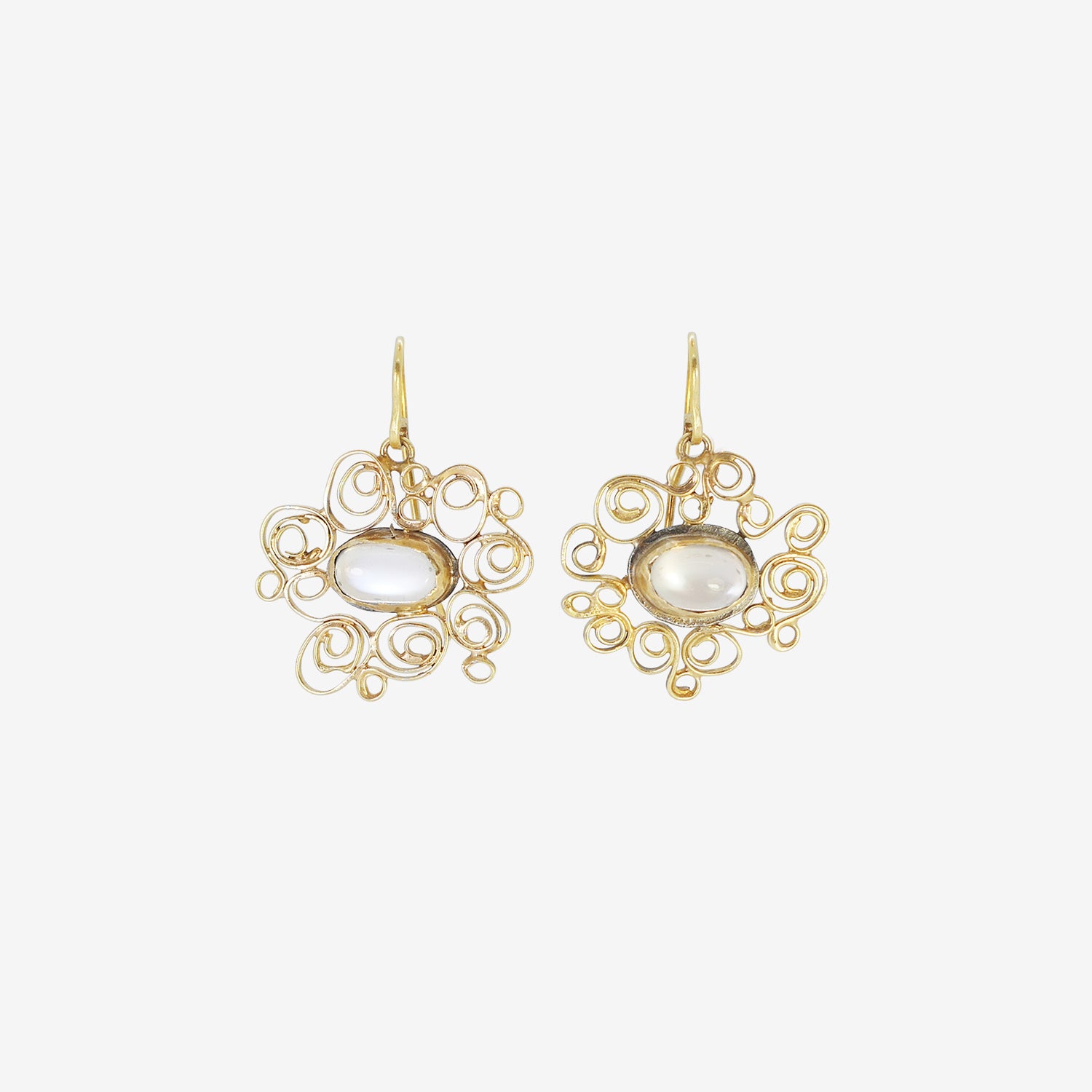 JUDY GEIB 18K & SILVER SPIRALLY EARRINGS WITH MOONSTONE CENTERS