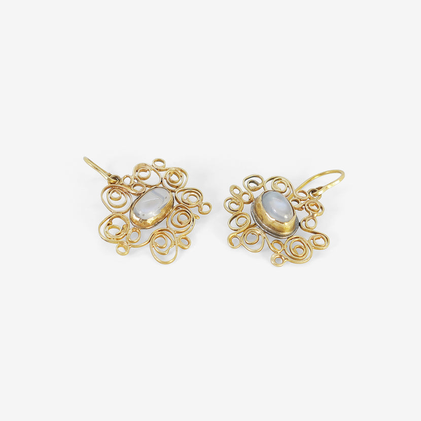 JUDY GEIB 18K & SILVER SPIRALLY EARRINGS WITH MOONSTONE CENTERS