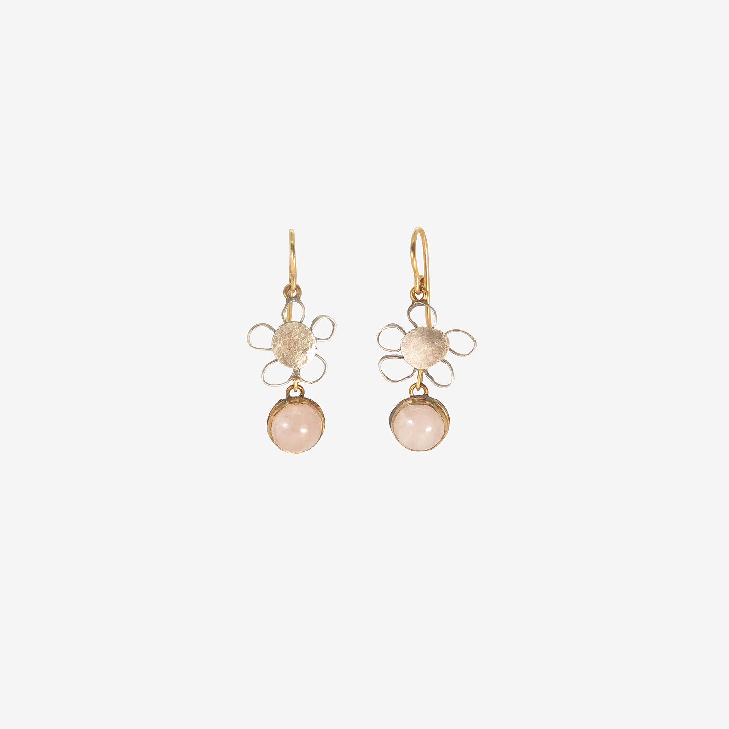 JUDY GEIB SILVER & 18K SMALL FLOWERY CHERRY BLOSSOM EARRINGS WITH ROSE QUARTZ