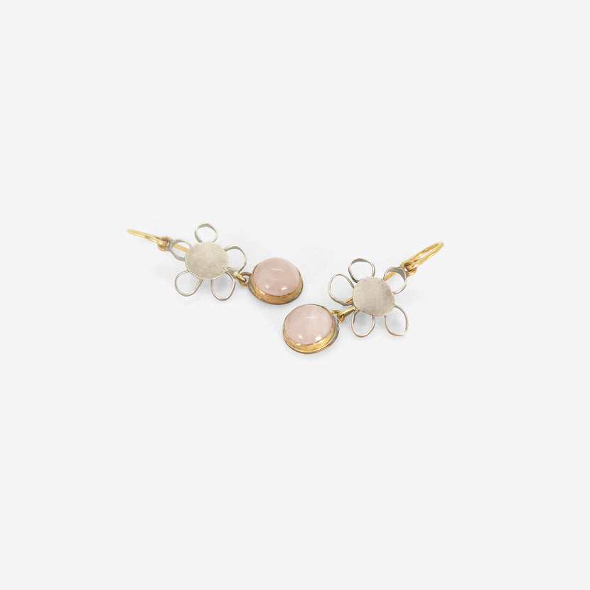 JUDY GEIB SILVER & 18K SMALL FLOWERY CHERRY BLOSSOM EARRINGS WITH ROSE QUARTZ