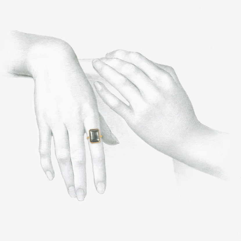 LOLA BROOKS 18K & EMERALD-CUT MOSS AQUAMARINE RING, 9.02CT