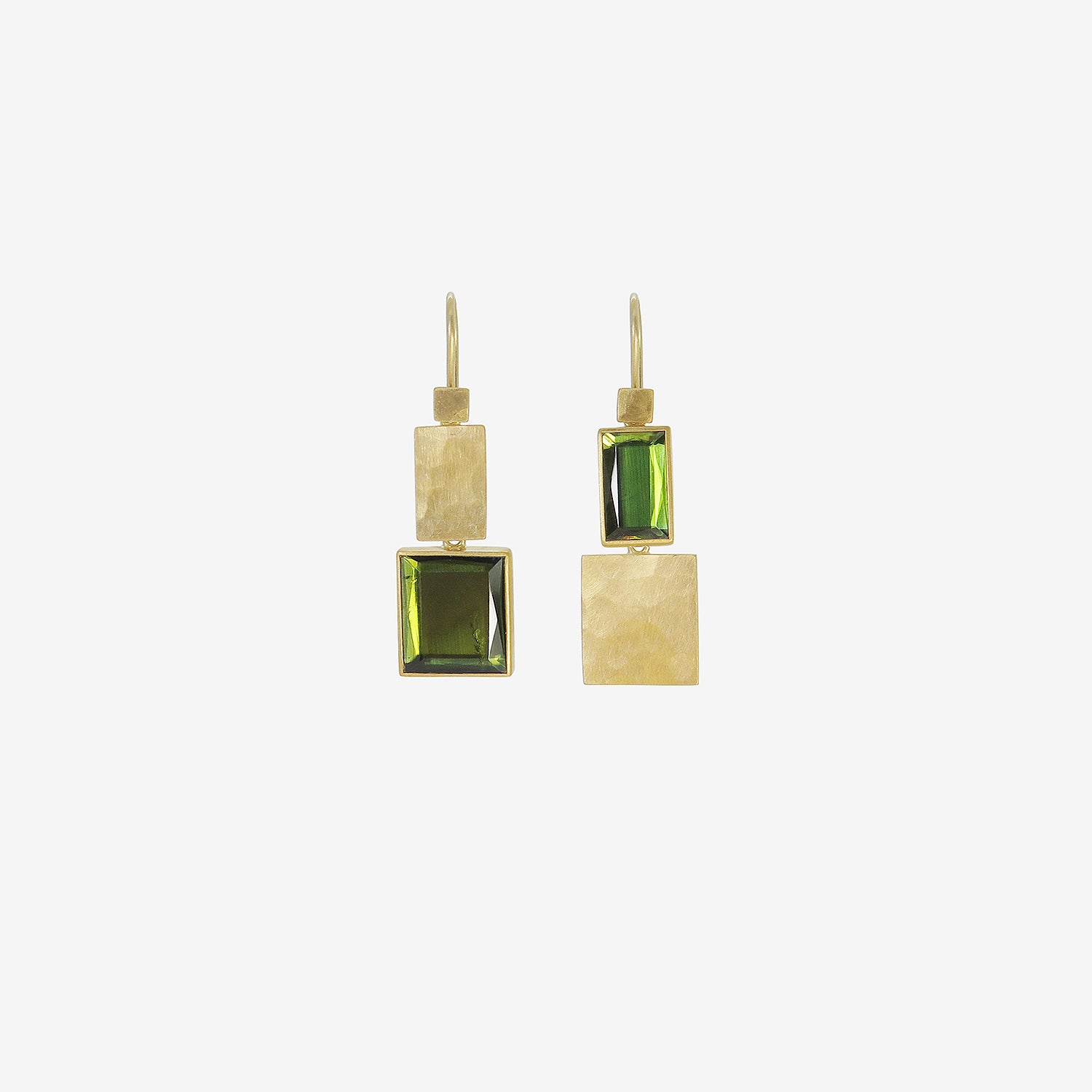 LOLA BROOKS 22K & RECTANGULAR GREEN TOURMALINE KLIMT DOUBLE DROP EARRINGS, 2.43CT