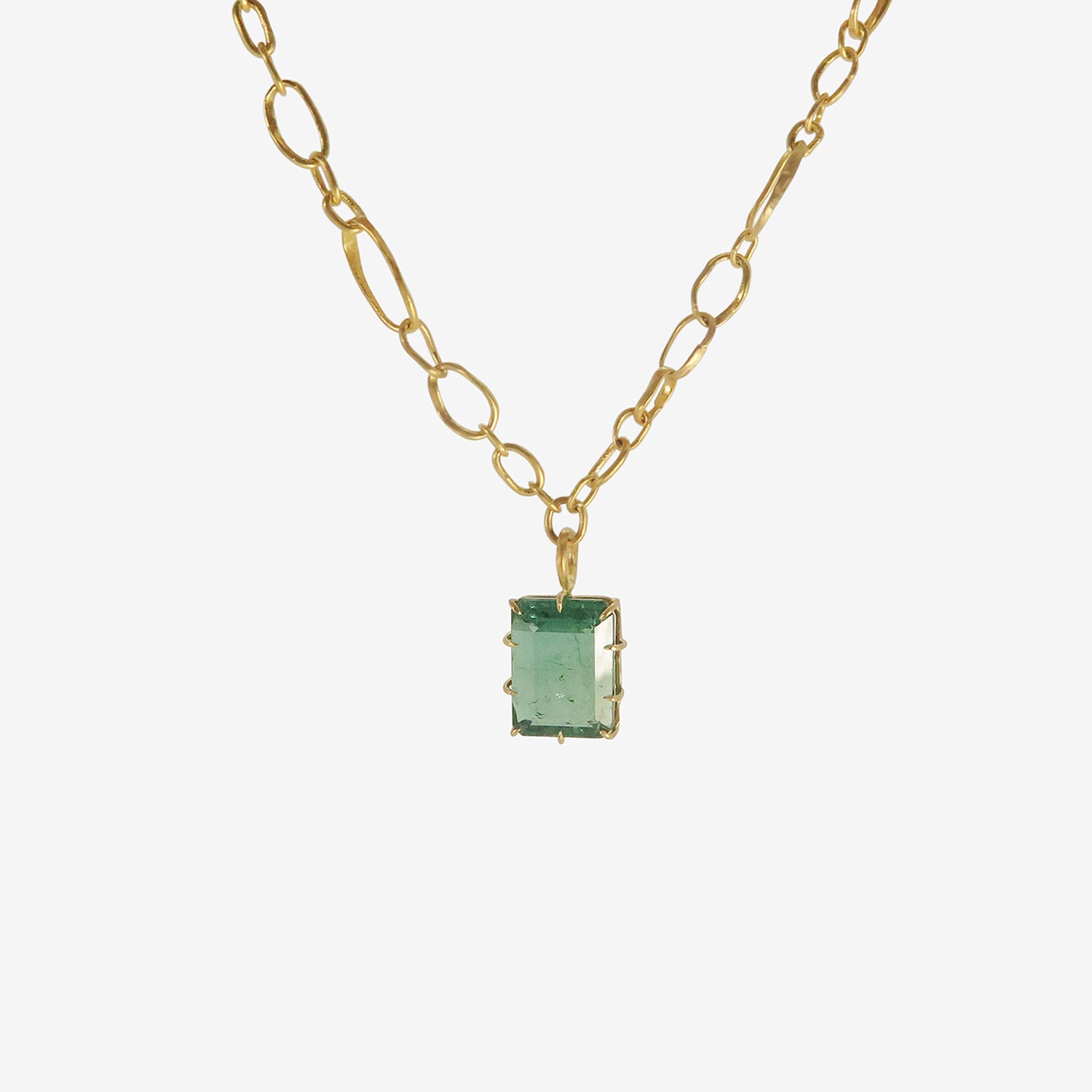 ROSANNE PUGLIESE 22K RANDOM LINK CHAIN WITH EMERALD-CUT GREEN BERYL PENDANT & TOPAZ DETAIL