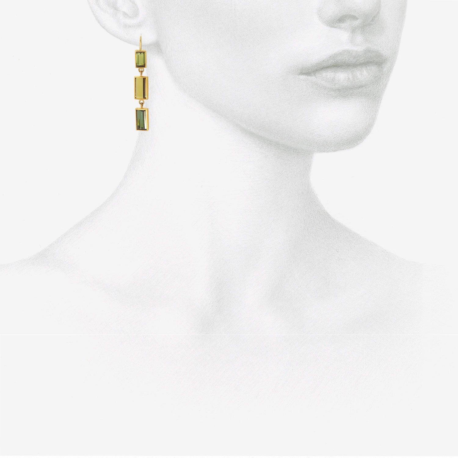 ROSANNE PUGLIESE 22K & EMERALD-CUT GREEN TOURMALINE TRIPLE DROP EARRINGS