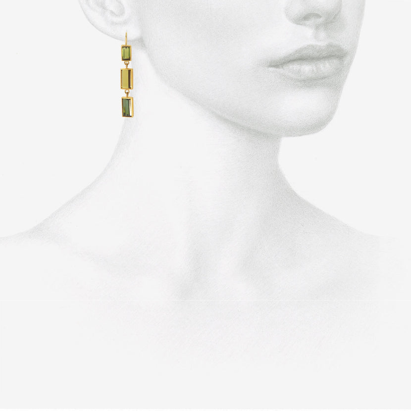 ROSANNE PUGLIESE 22K & EMERALD-CUT GREEN TOURMALINE TRIPLE DROP EARRINGS