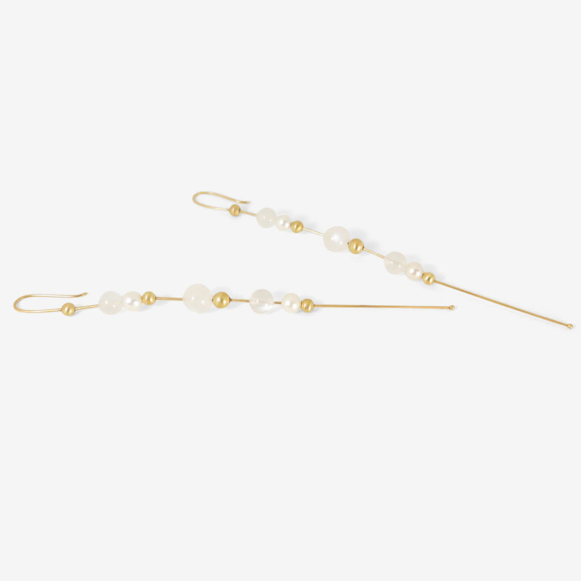 TED MUEHLING 14K & MOONSTONE BEAD CHAIN EARRINGS WITH WHITE PEARLS