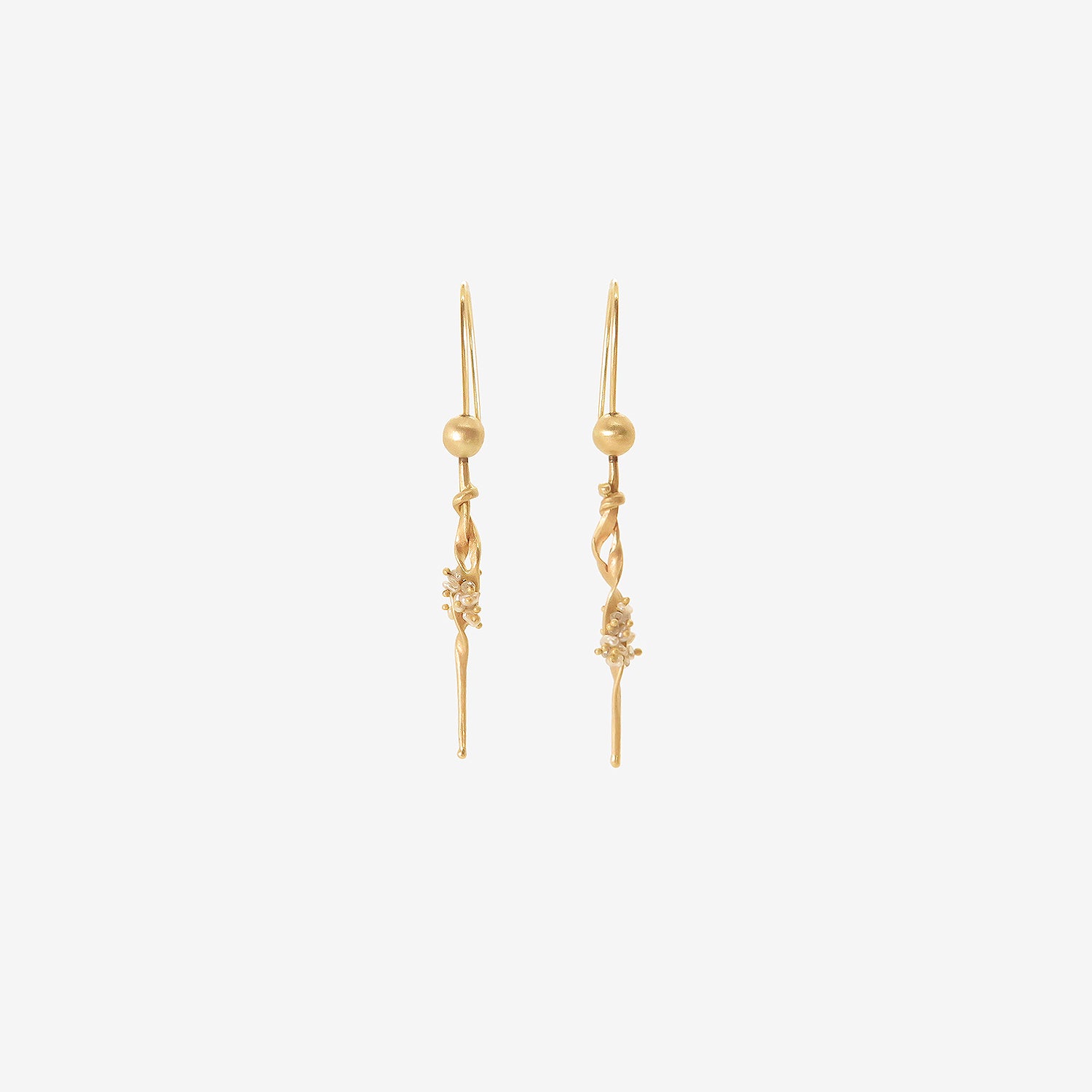 TED MUEHLING 14K SMALL SEAWEED EARRINGS WITH KESHI PEARLS & DIAMONDS