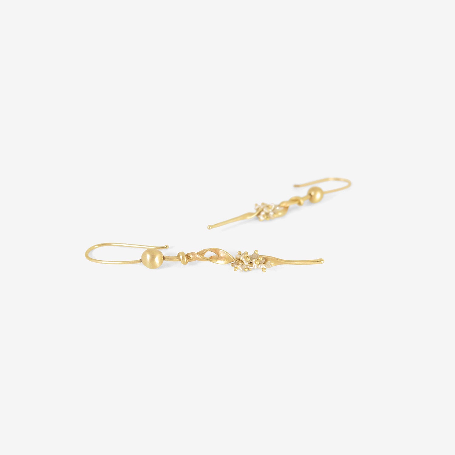 TED MUEHLING 14K SMALL SEAWEED EARRINGS WITH KESHI PEARLS & DIAMONDS
