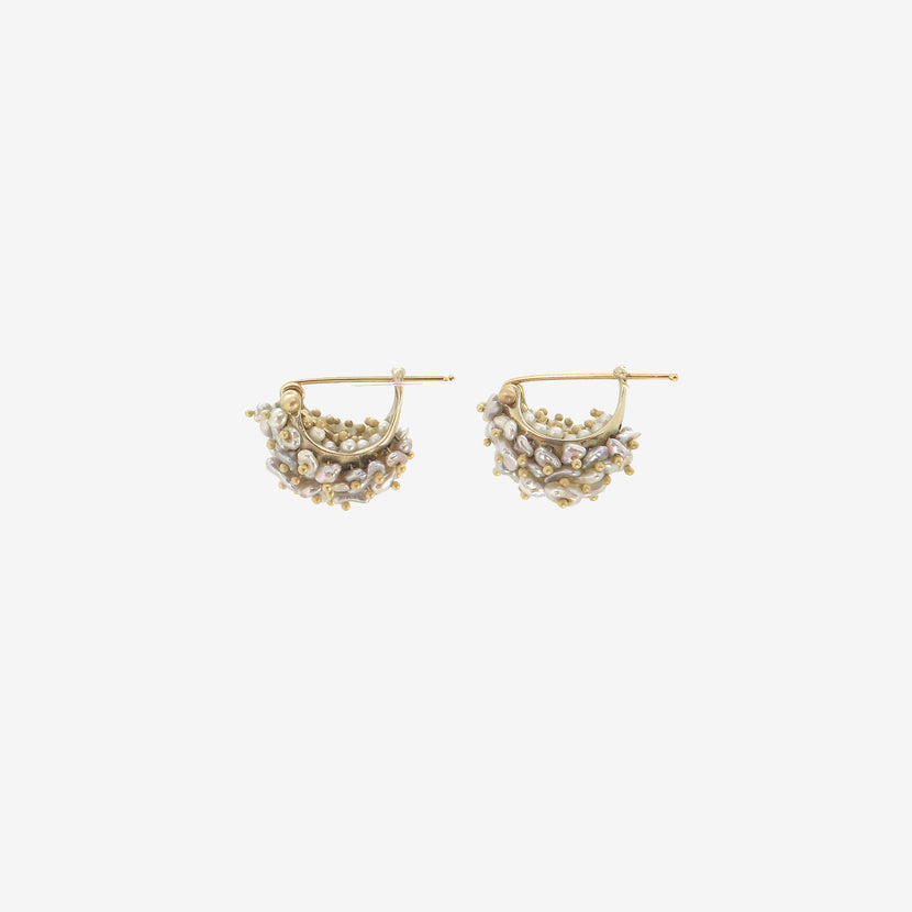 TED MUEHLING 18K WHITE GOLD & KESHI PEARL BASKET EARRINGS