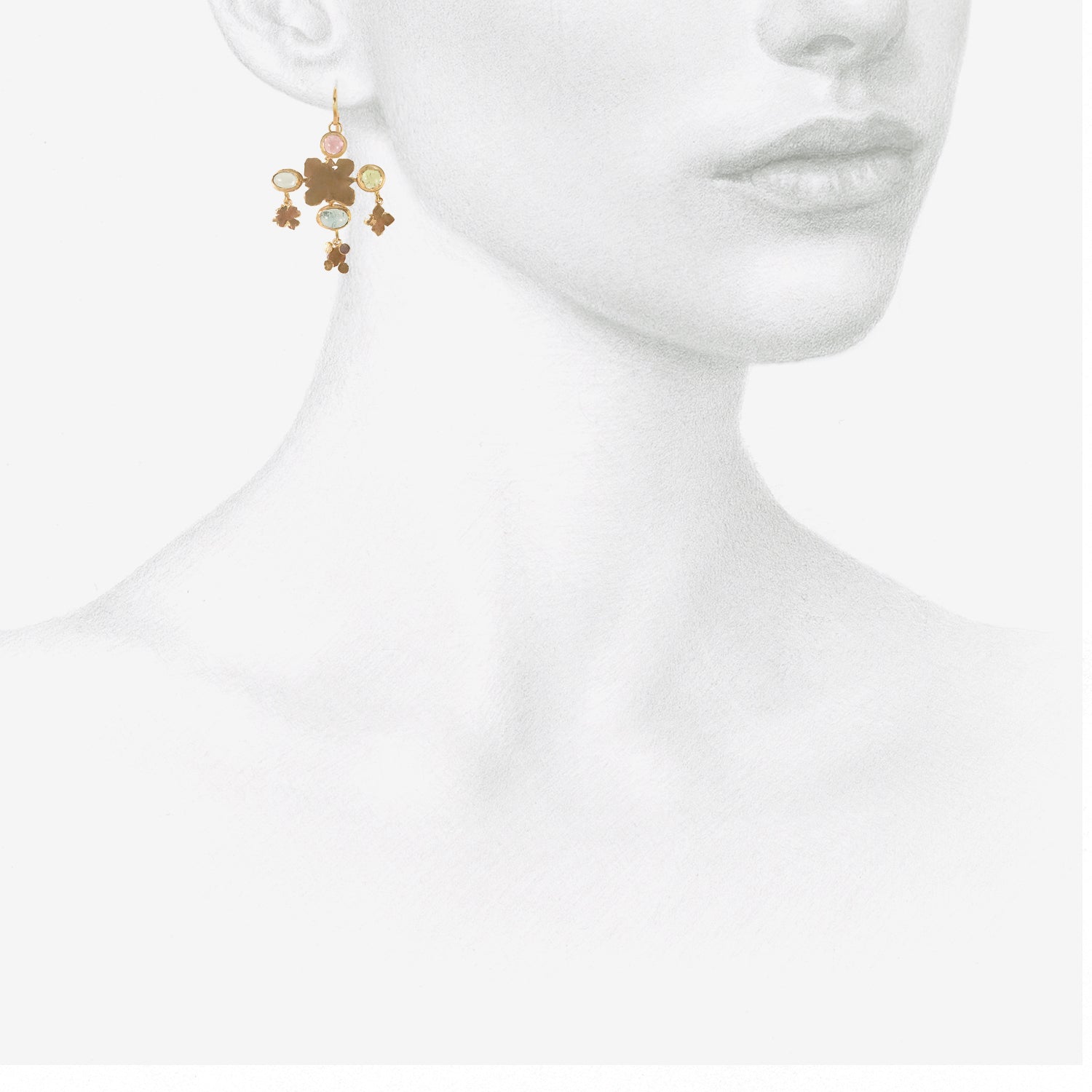 JUDY GEIB 18K MEDIEVAL FOLKLORISH EARRINGS WITH GEMSTONES