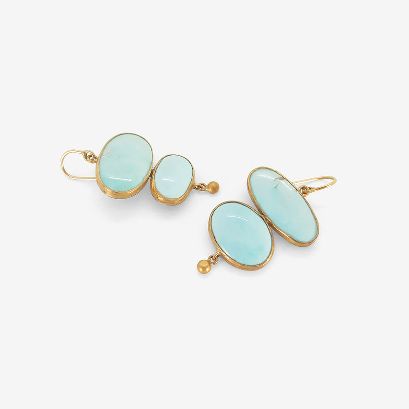 JUDY GEIB SILVER & 22K DOUBLE DROP PERSIAN TURQUOISE EARRINGS WITH 24K DROPS