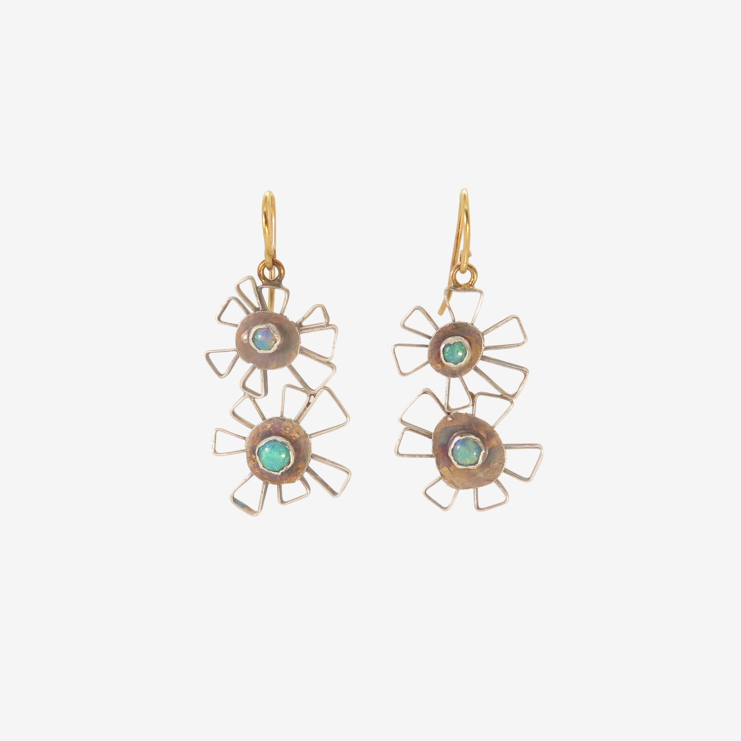 JUDY GEIB STERLING SILVER & ETHIOPIAN OPAL DOUBLE STARRY FLOWERY EARRINGS