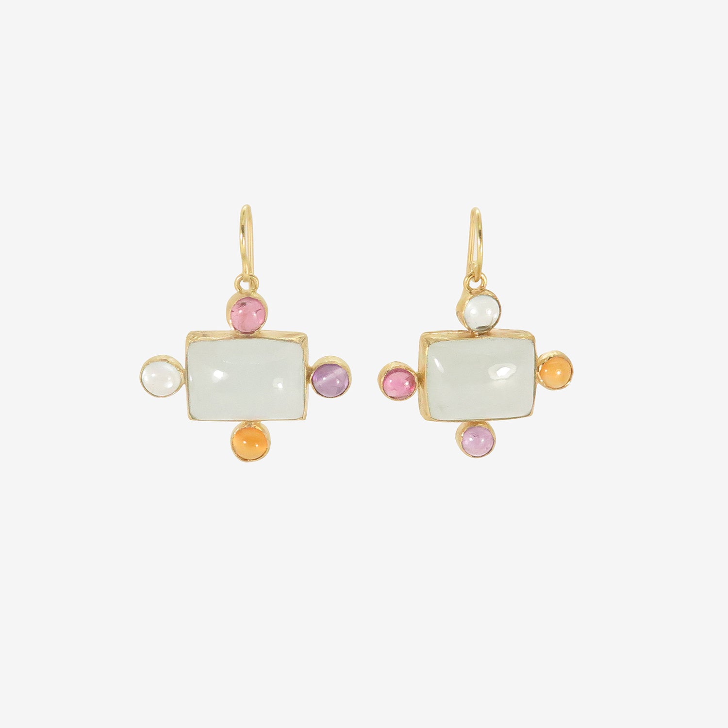 JUDY GEIB 18K & RECTANGULAR CABOCHON AQUAMARINE EARRINGS SURROUNDED BY GEMSTONES