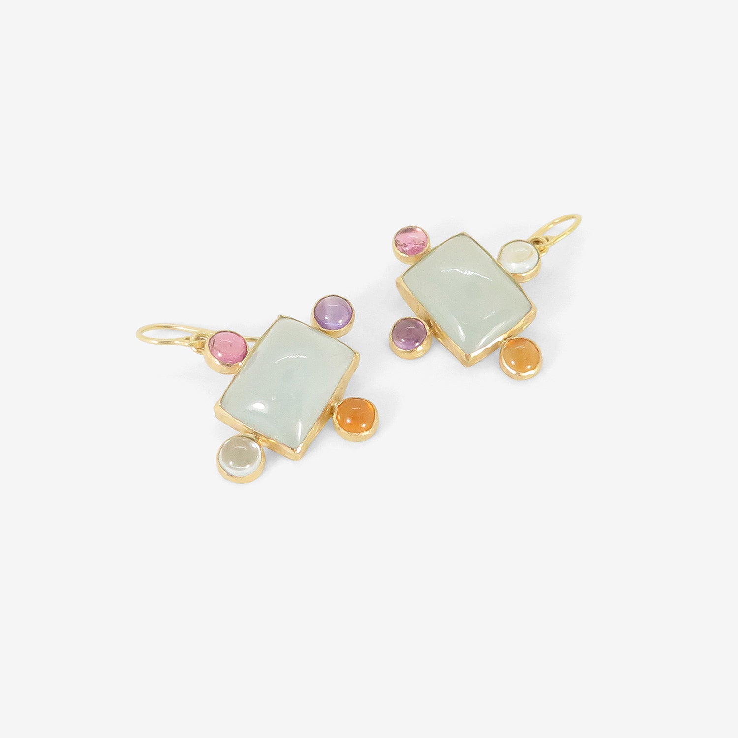 JUDY GEIB 18K & RECTANGULAR CABOCHON AQUAMARINE EARRINGS SURROUNDED BY GEMSTONES