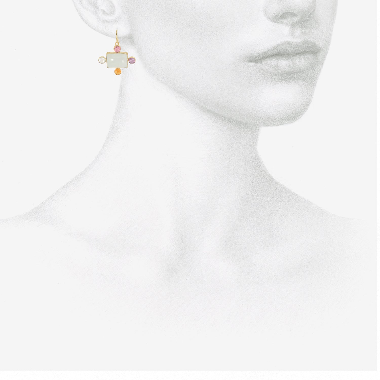 JUDY GEIB 18K & RECTANGULAR CABOCHON AQUAMARINE EARRINGS SURROUNDED BY GEMSTONES