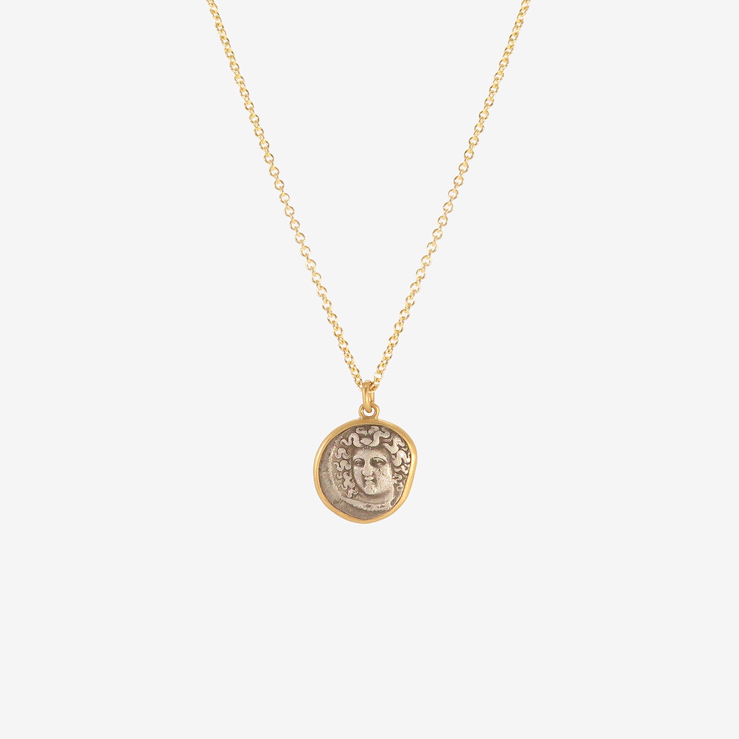 LOLA BROOKS 22K GRAZING HORSE/HEAD OF NYMPH LARISSA ANCIENT COIN PENDANT, 356-320 BC