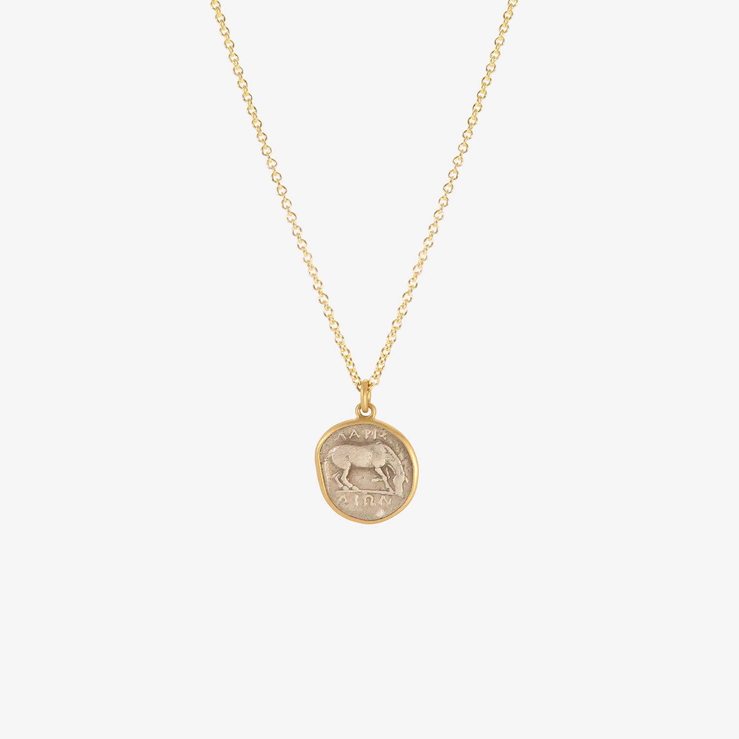 LOLA BROOKS 22K GRAZING HORSE/HEAD OF NYMPH LARISSA ANCIENT COIN PENDANT, 356-320 BC