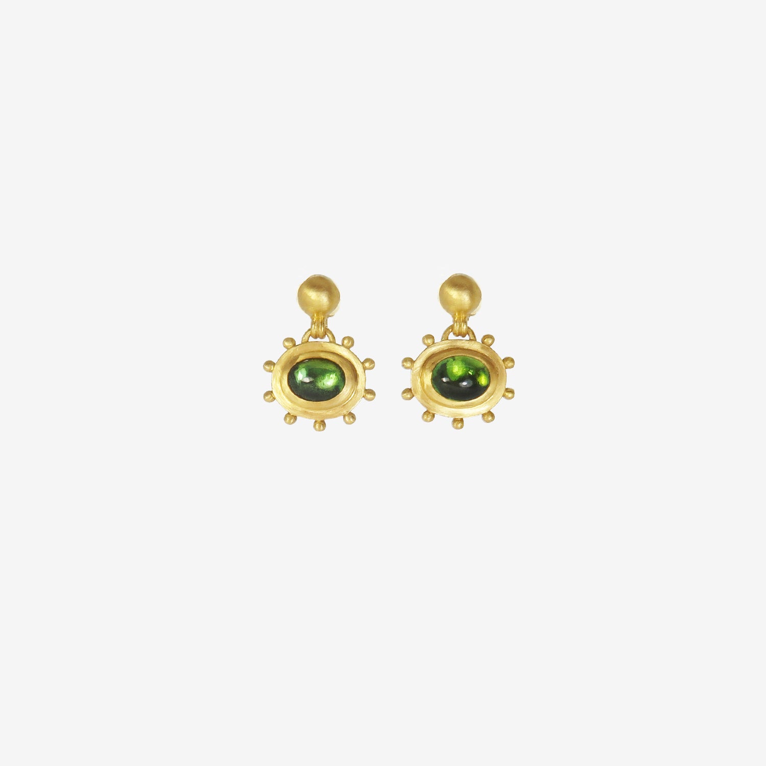 PROUNIS 22K & GREEN TOURMALINE LARGE GRANULATED BELL EARRINGS