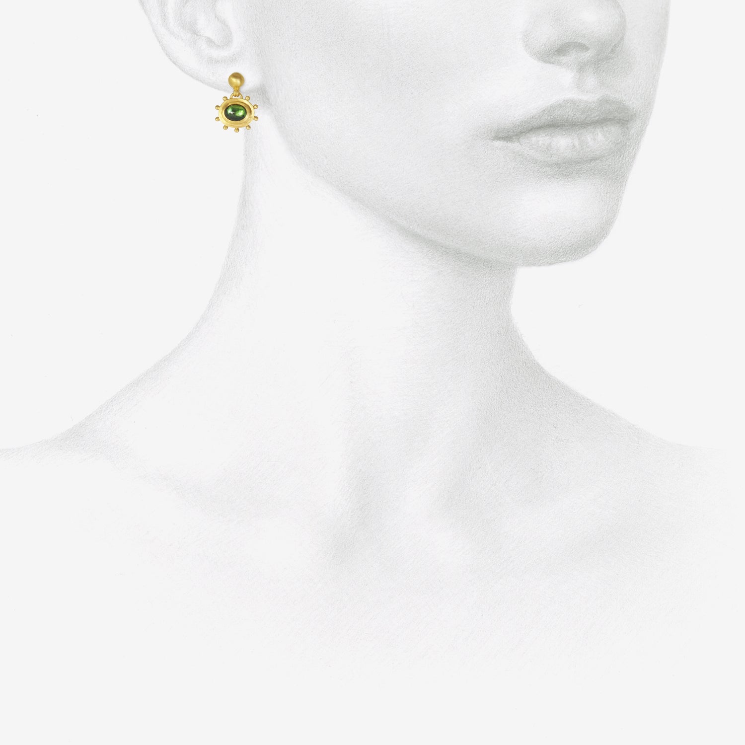 PROUNIS 22K & GREEN TOURMALINE LARGE GRANULATED BELL EARRINGS