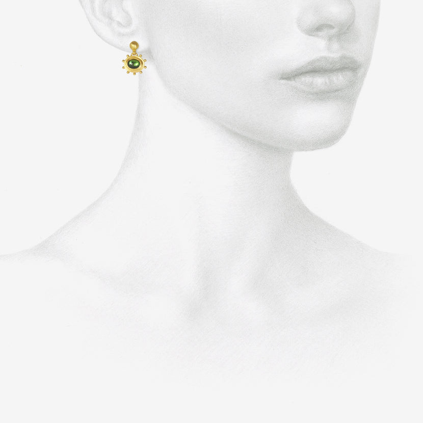 PROUNIS 22K & GREEN TOURMALINE LARGE GRANULATED BELL EARRINGS