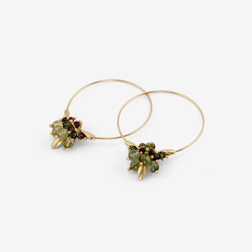 TED MUEHLING 18K & GREEN TOURMALINE SMALL HOOP CLUSTERS