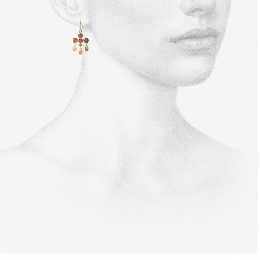 JUDY GEIB 22K & CUSHION-CUT RUBY TINY GIRANDOLE EARRINGS