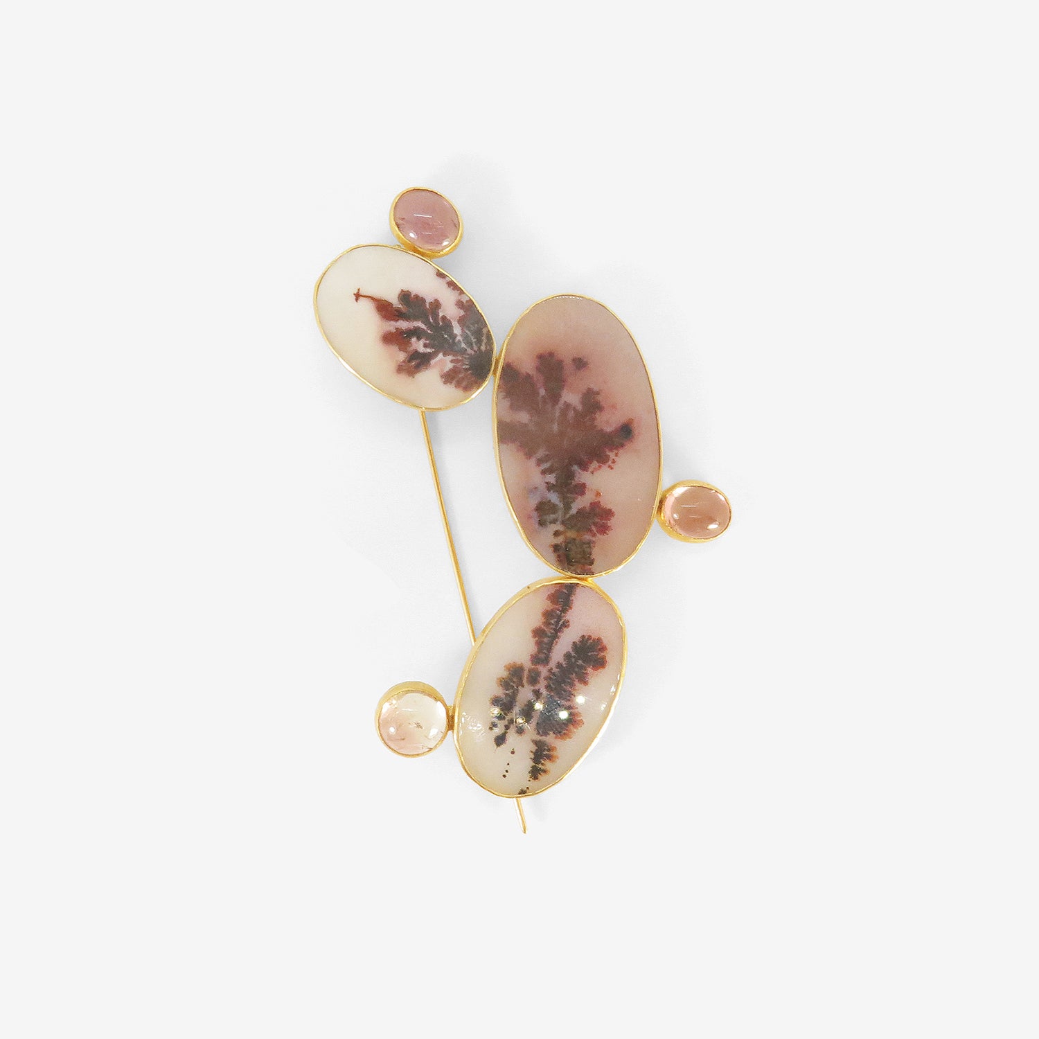 JUDY GEIB 18K & RED DENDRITIC AGATE EXQUISITE CORPSE PIN #4 WITH PINK TOURMALINE & MOTHER-OF-PEARL