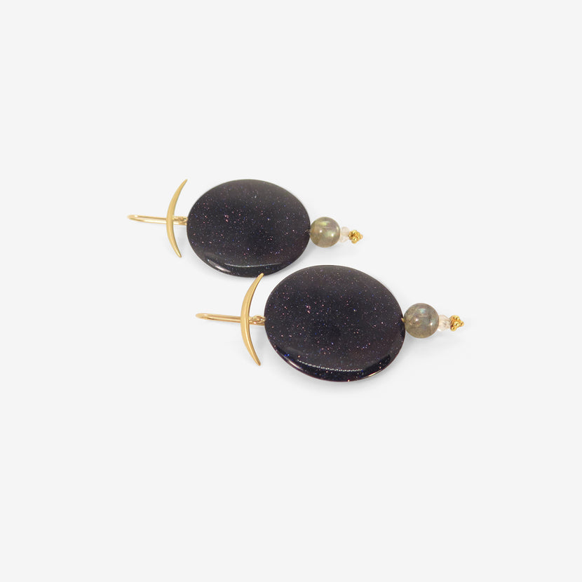 GABRIELLA KISS 18K & BLUE GOLDSTONE NIGHT SKY EARRINGS WITH LABRADORITE