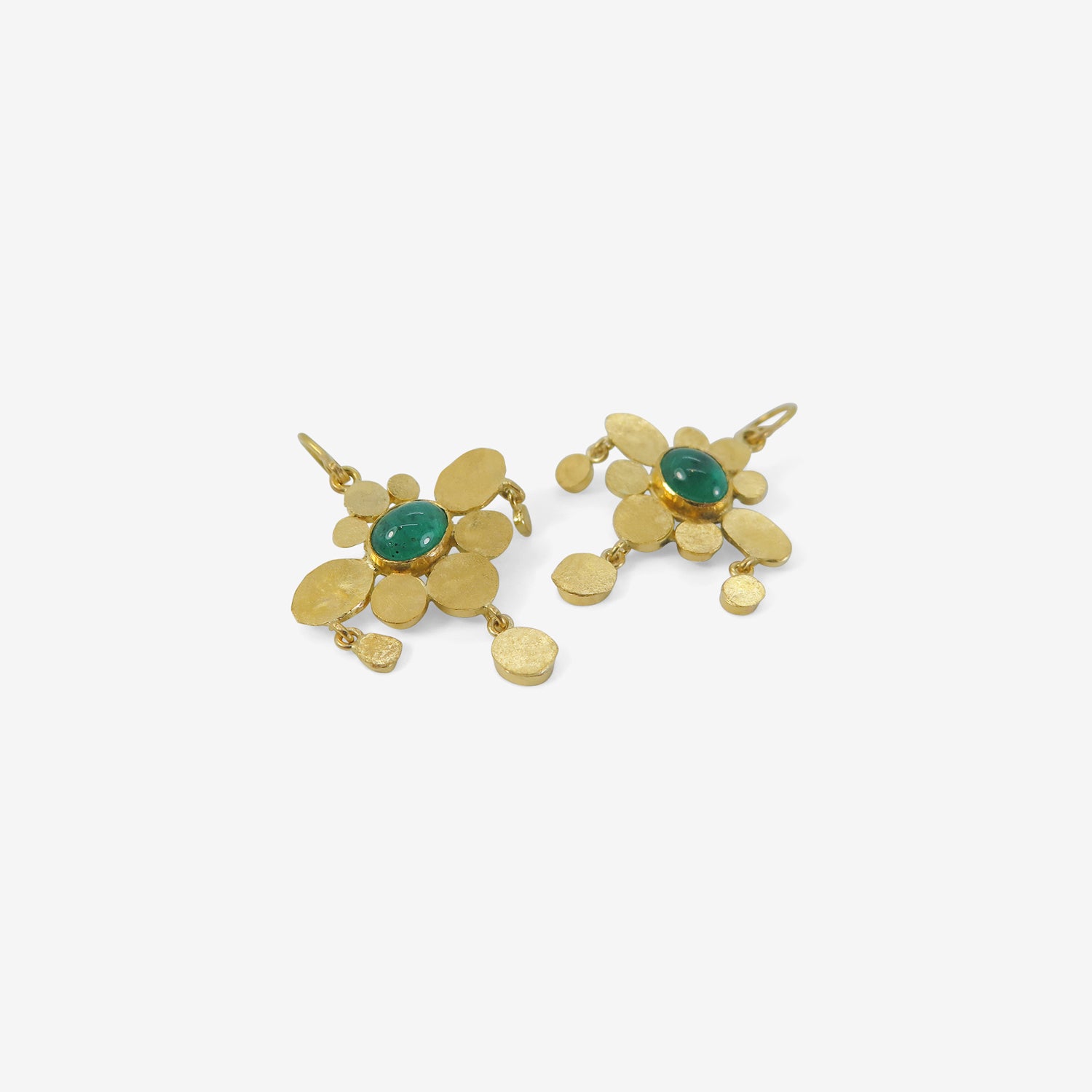 JUDY GEIB 22K & COLOMBIAN EMERALD LUXE MEDIEVAL FOLKLORISH EARRINGS, 2.6CT