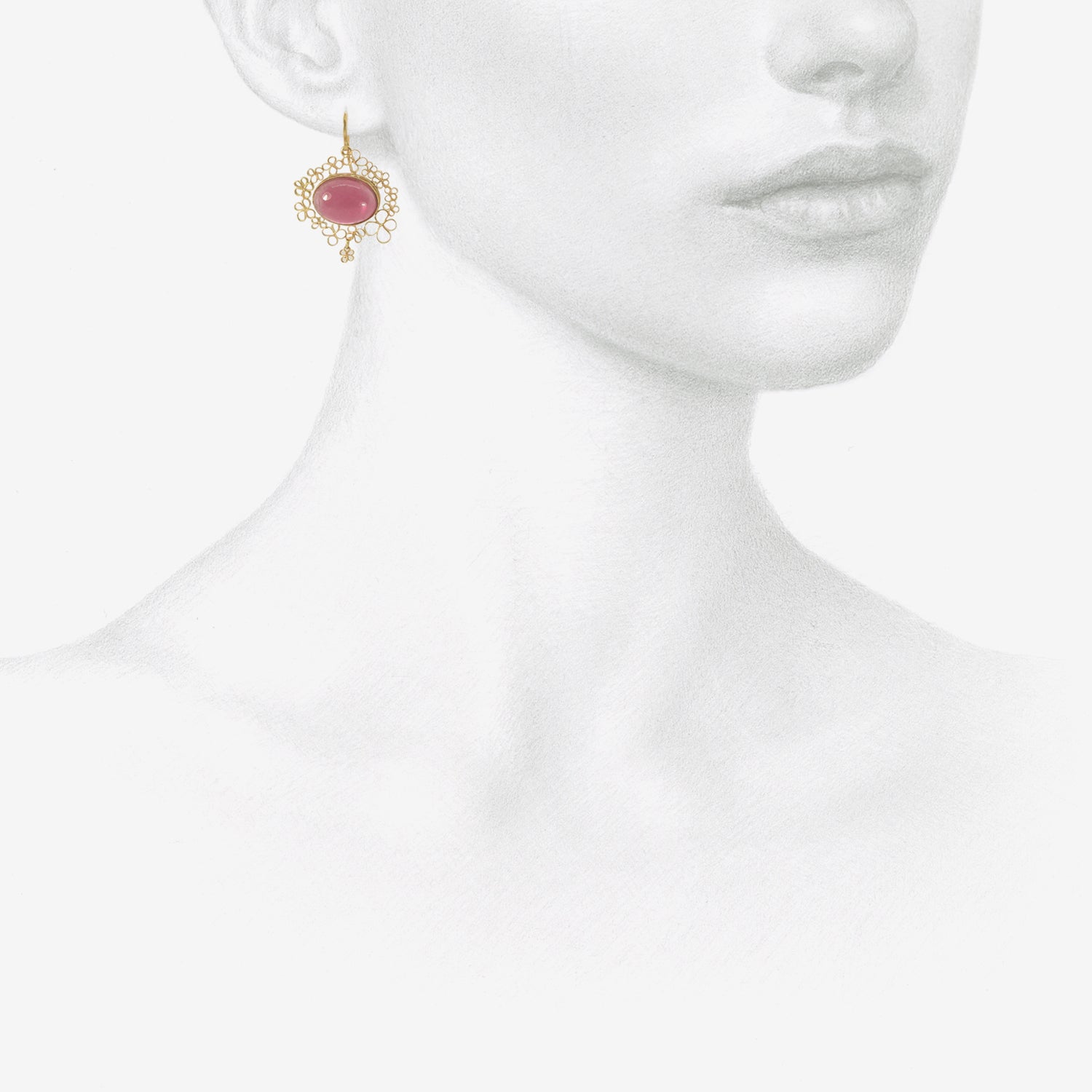 JUDY GEIB 18K & PINK TOURMALINE CABOCHON EARRINGS WITH FLOWERY FILIGREE