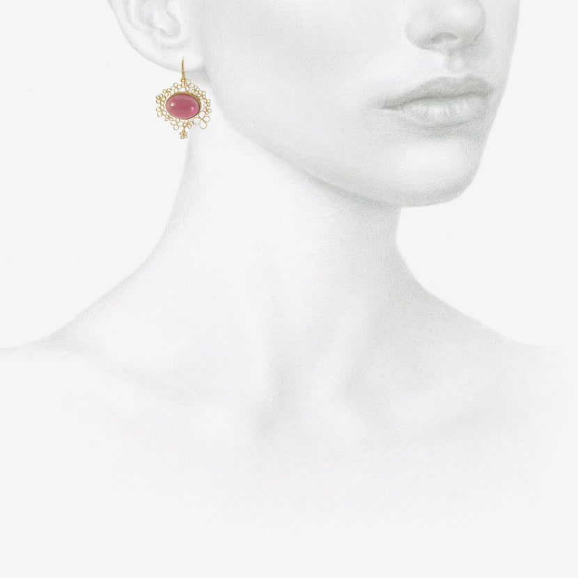 JUDY GEIB 18K & PINK TOURMALINE CABOCHON EARRINGS WITH FLOWERY FILIGREE