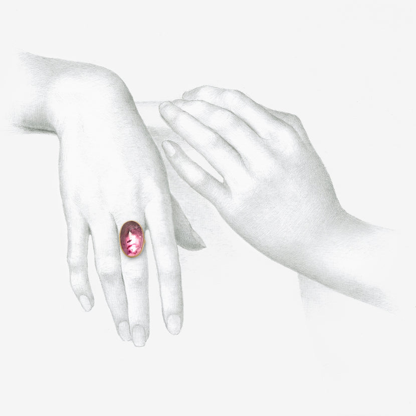 LOLA BROOKS 18K & OVAL POWDER PINK TOURMALINE LENS RING, 14.15CT