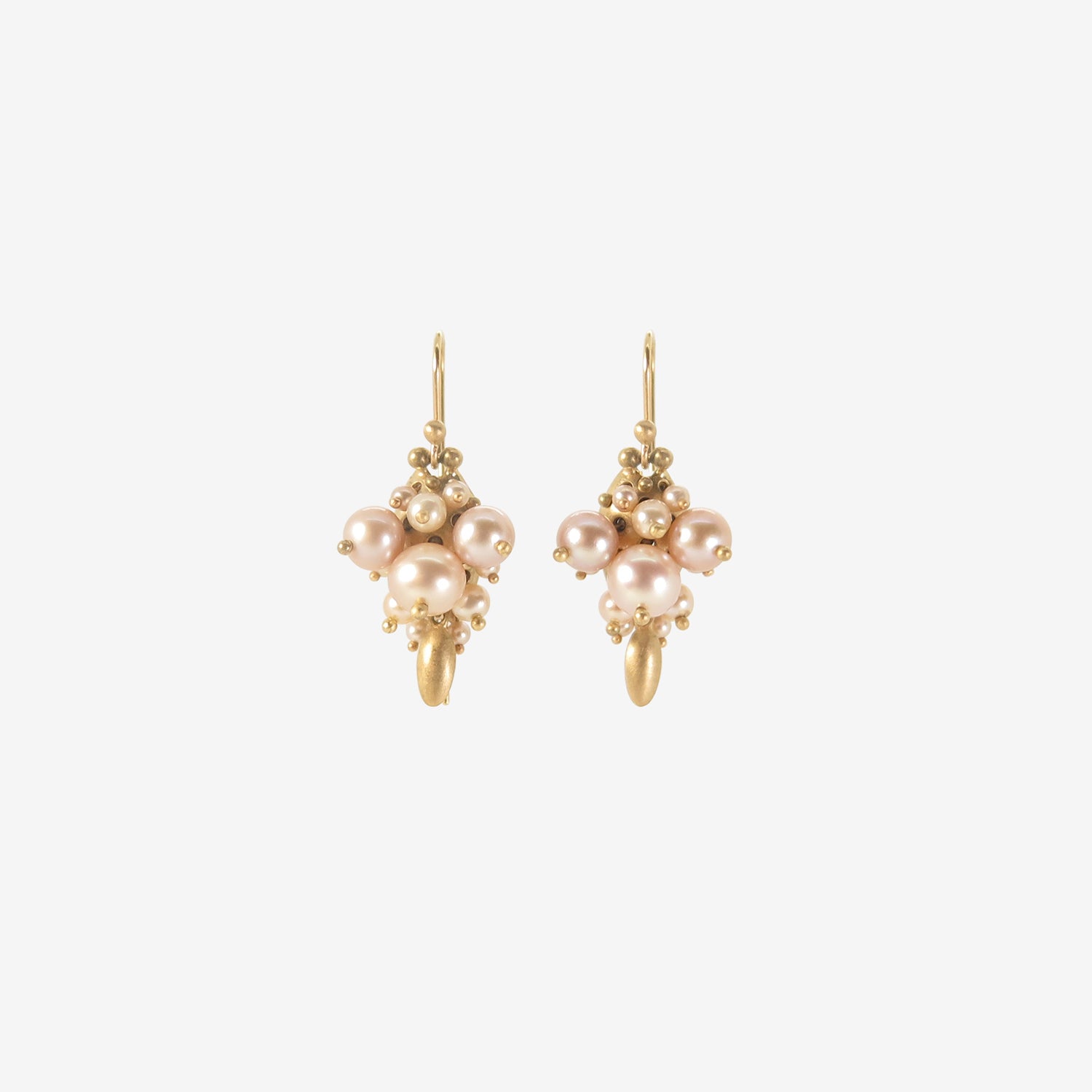 TED MUEHLING 10K & PINK PEARL BUG CLUSTER EARRINGS