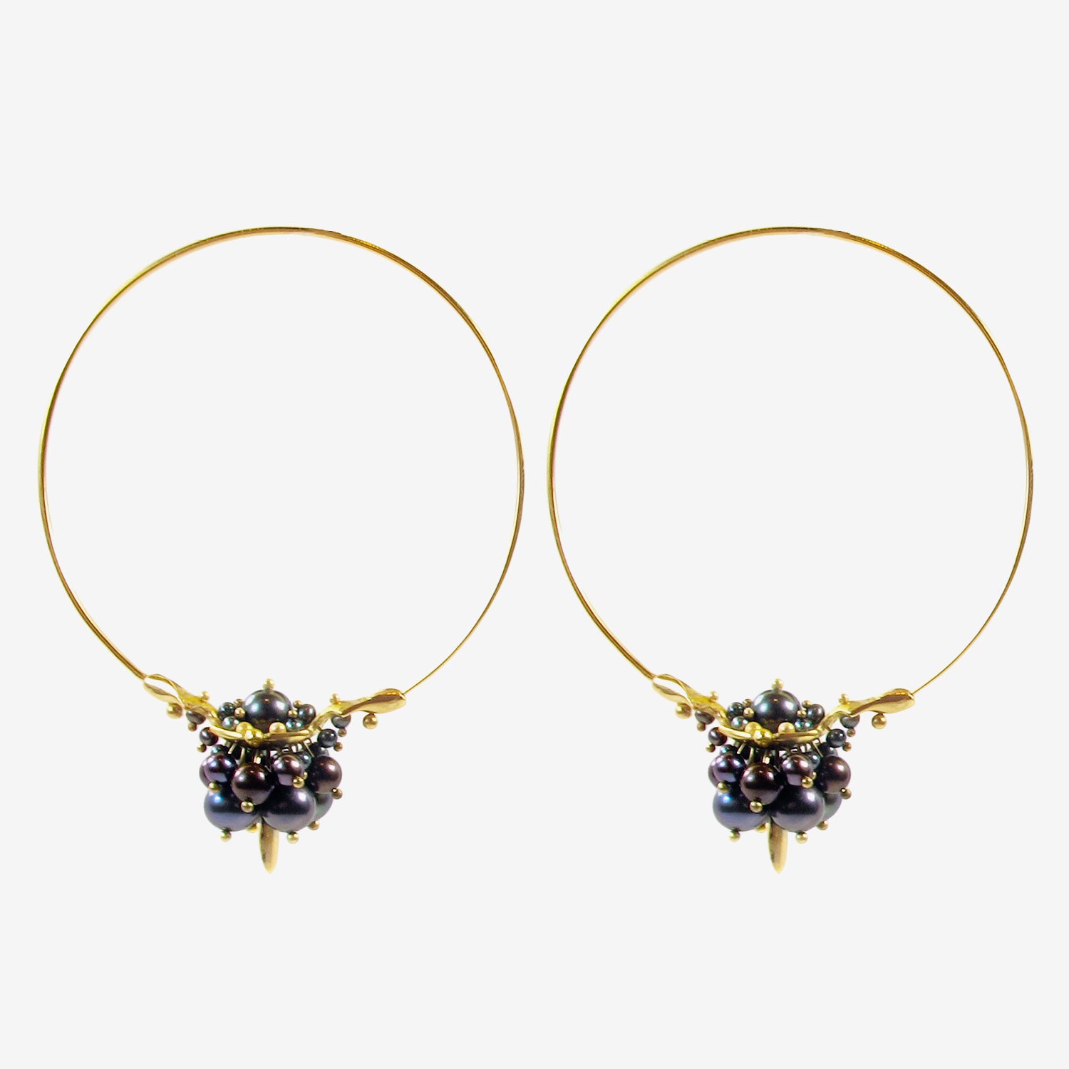 TED MUEHLING 14K BLACK PEARL MEDIUM HOOP CLUSTERS
