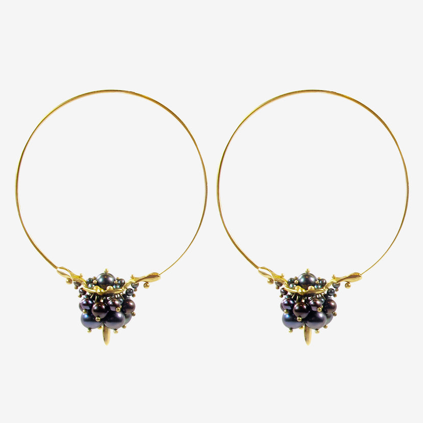 TED MUEHLING 14K BLACK PEARL MEDIUM HOOP CLUSTERS