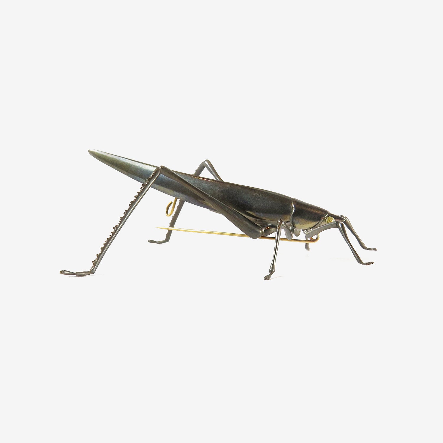 GABRIELLA KISS OXIDIZED BRONZE GRASSHOPPER PIN WITH DIAMOND EYES